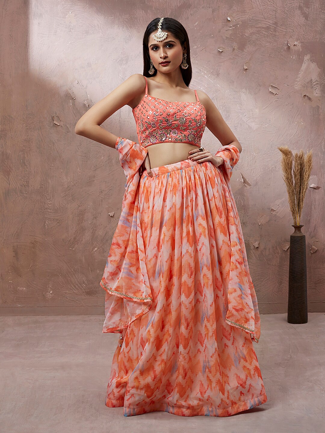 

MANOHARI Embroidered Sequinned Semi-Stitched Lehenga & Unstitched Blouse With Dupatta, Peach