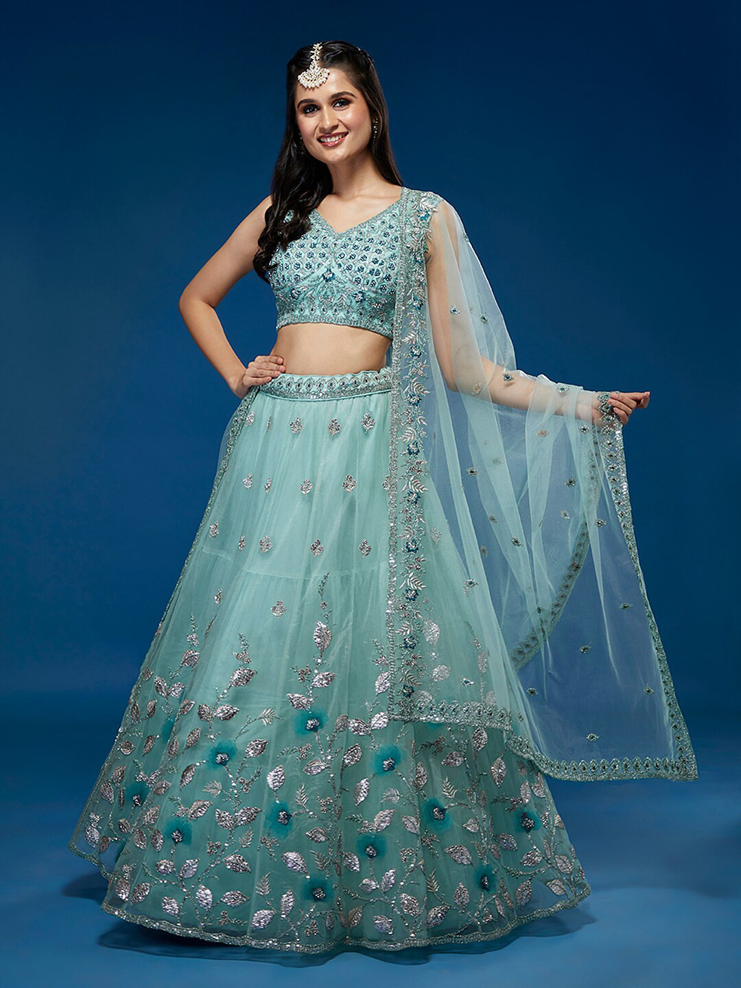 

MANOHARI Embellished Sequinned Semi-Stitched Lehenga & Unstitched Blouse With Dupatta, Turquoise blue
