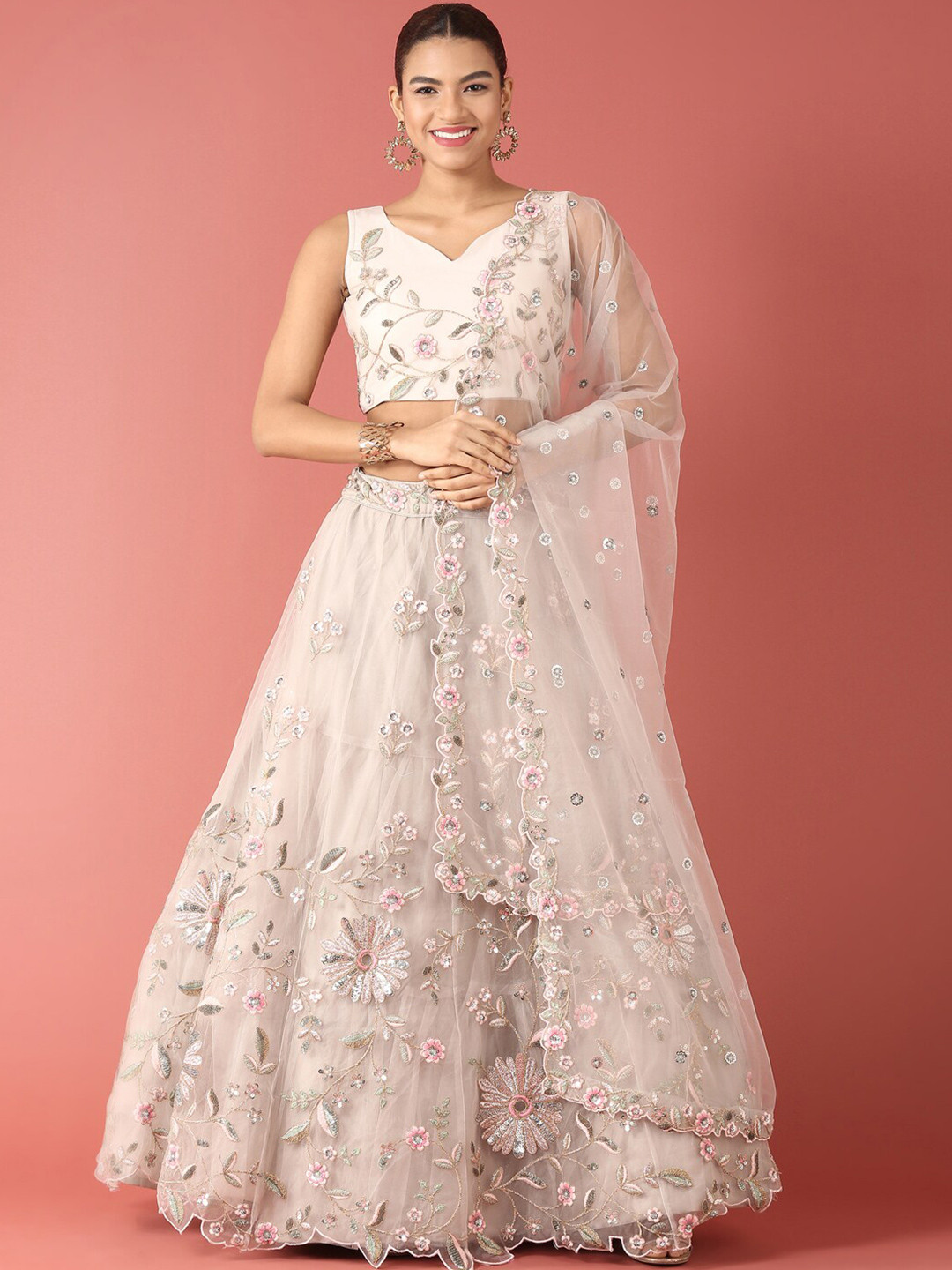 

MANOHARI Embellished Sequinned Net Semi-Stitched Lehenga & Unstitched Blouse With Dupatta, Pink