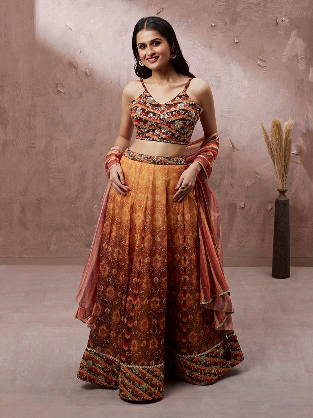 

MANOHARI Striped Sequinned Semi-Stitched Lehenga & Unstitched Blouse With Dupatta, Brown