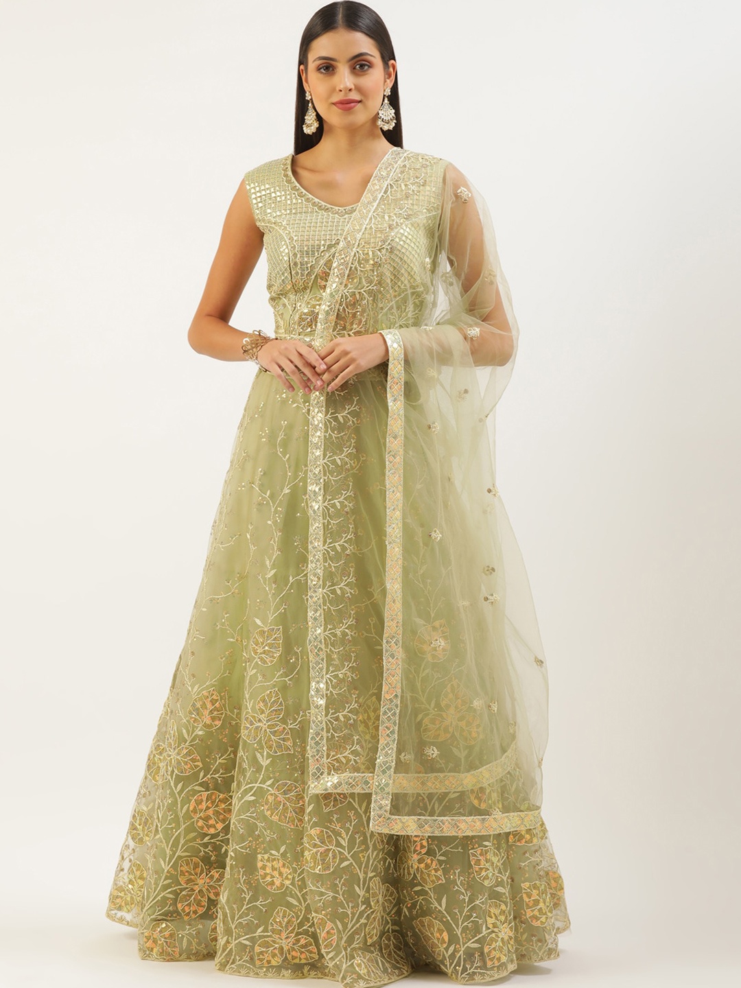 

MANOHARI Embellished Sequinned Semi-Stitched Lehenga & Unstitched Blouse With Dupatta, Green