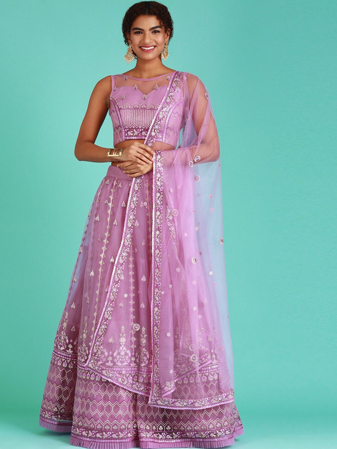 

MANOHARI Embellished Sequinned Semi-Stitched Lehenga & Unstitched Blouse With Dupatta, Pink
