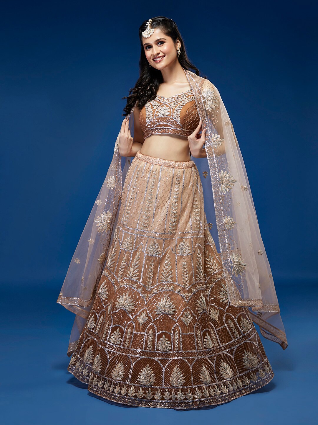 

MANOHARI Embellished Sequinned Semi-Stitched Lehenga & Unstitched Blouse With Dupatta, Rust