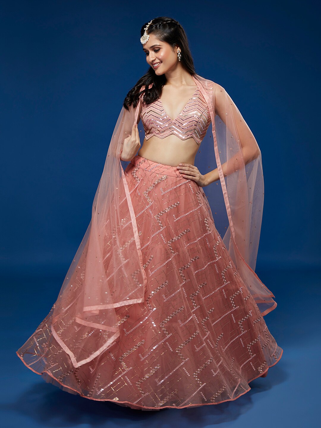 

MANOHARI Embellished Sequinned Semi-Stitched Lehenga & Unstitched Blouse With Dupatta, Peach