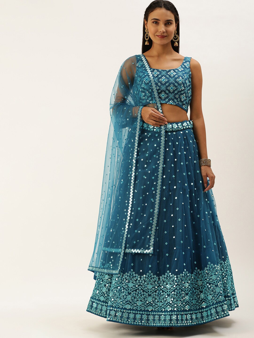 

MANOHARI Embellished Sequinned Semi-Stitched Lehenga & Unstitched Blouse With Dupatta, Teal