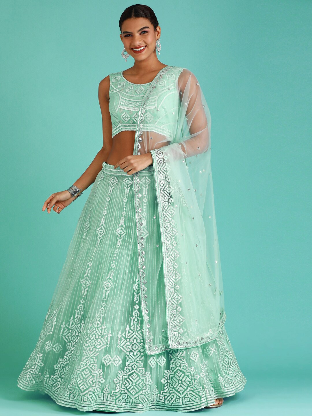 

MANOHARI Embellished Thread Work Semi-Stitched Lehenga & Unstitched Blouse With Dupatta, Turquoise blue
