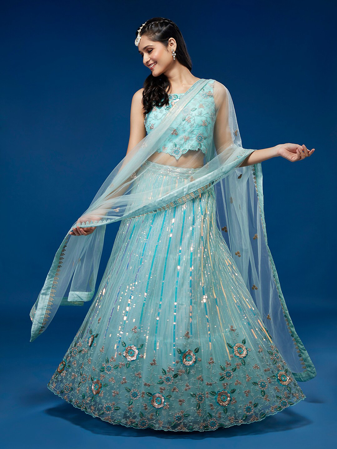 

MANOHARI Embellished Sequinned Semi-Stitched Lehenga & Unstitched Blouse With Dupatta, Turquoise blue
