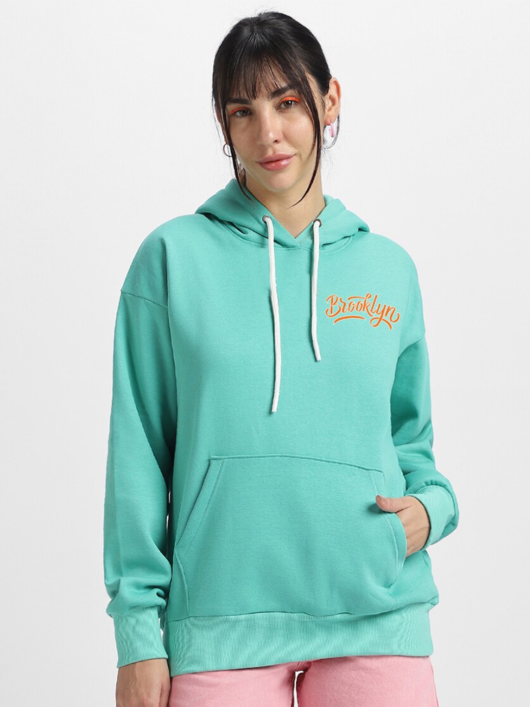 

JUNEBERRY Typography Printed Hooded Fleece Oversized Sweatshirt, Sea green