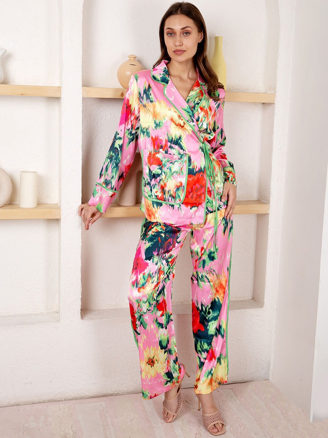 

DUSK ATTIRE Floral Printed Wrap Shirt With Trouser Co-Ords, Pink