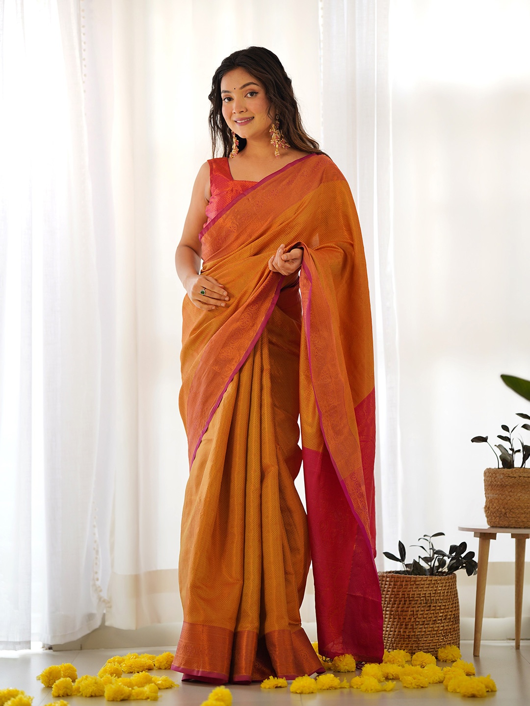 

ALMAARI FASHION Ethnic Motifs Woven Design Satin Silk Kanjivaram Saree, Yellow