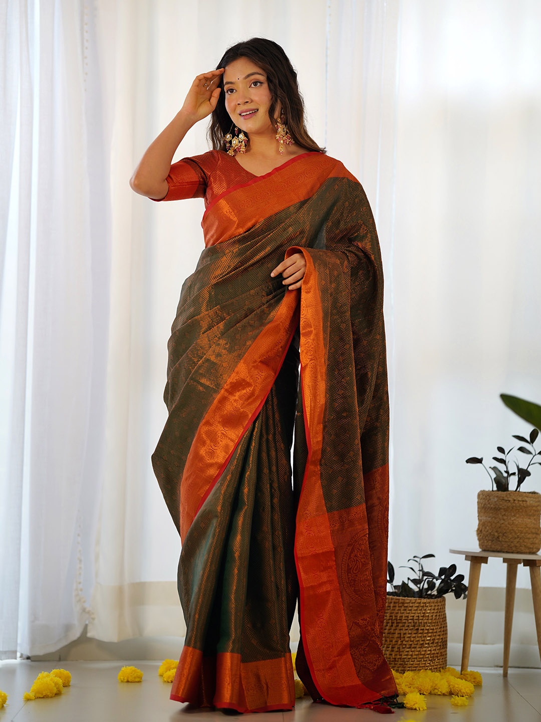 

ALMAARI FASHION Green Ethnic Motifs Woven Design Satin Silk Kanjeevaram Saree