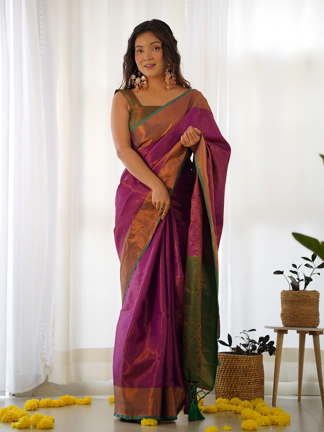 

ALMAARI FASHION Ethnic Motifs Woven Design Satin Silk Kanjeevaram Saree, Magenta