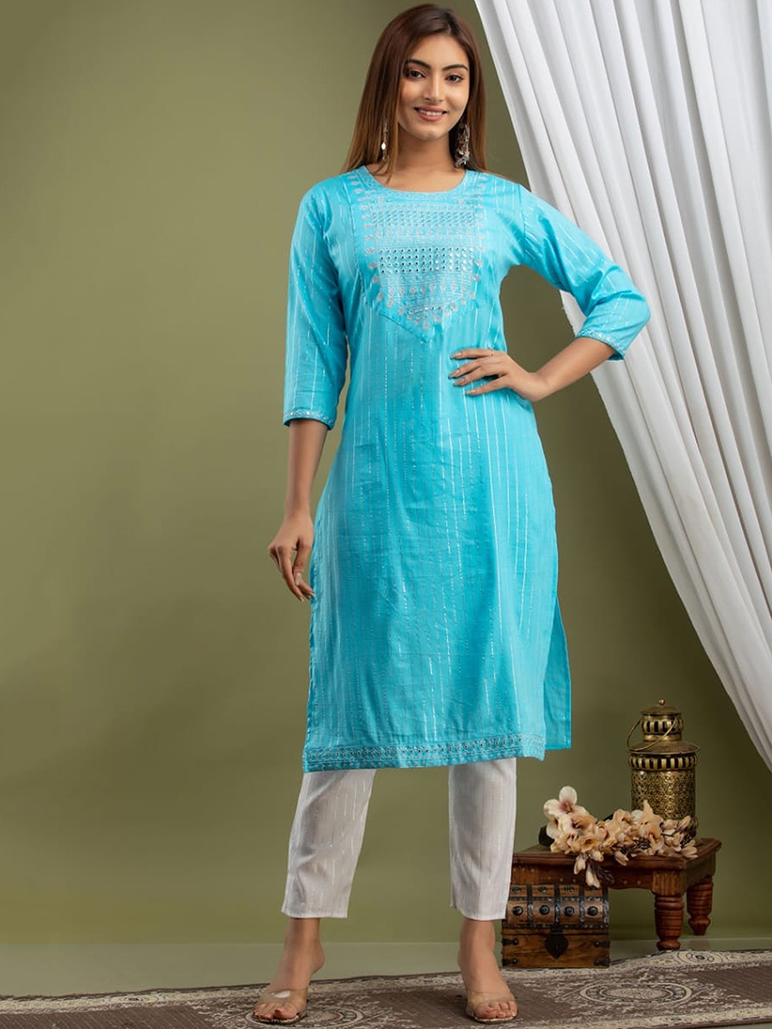 

KALINI Floral Yoke Design Thread Work Straight Kurta With Pyjamas, Turquoise blue