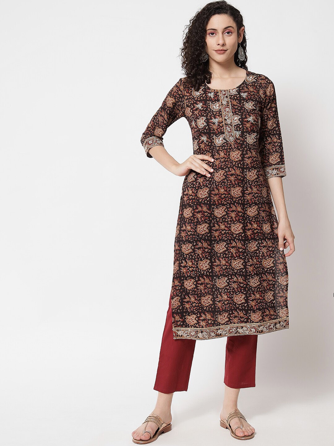 

KALINI Floral Printed Thread Work Straight Pure Cotton Kurta with Pyjamas, Brown