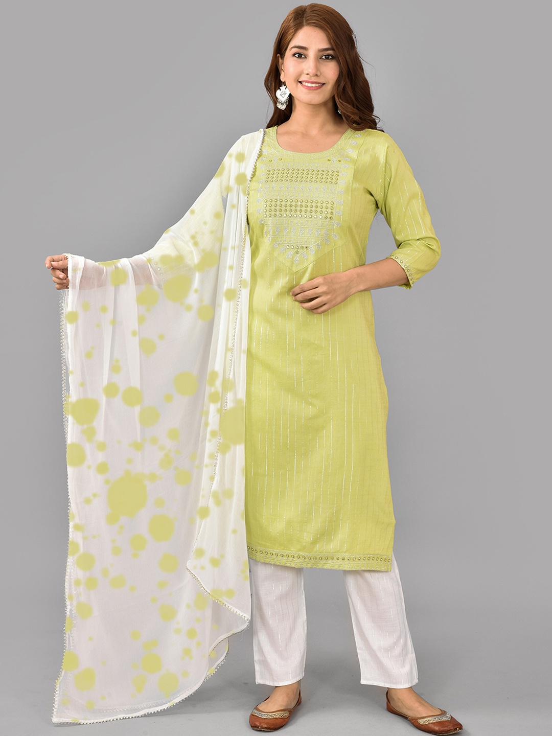 

KALINI Yoke Design Regular Thread Work Kurta with Pyjamas & Dupatta, Green