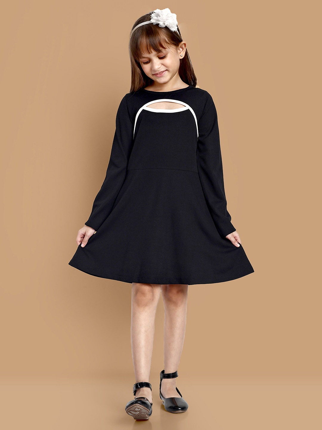 

YK Girls Cut Out Fit & Flare Cotton Dress, Black