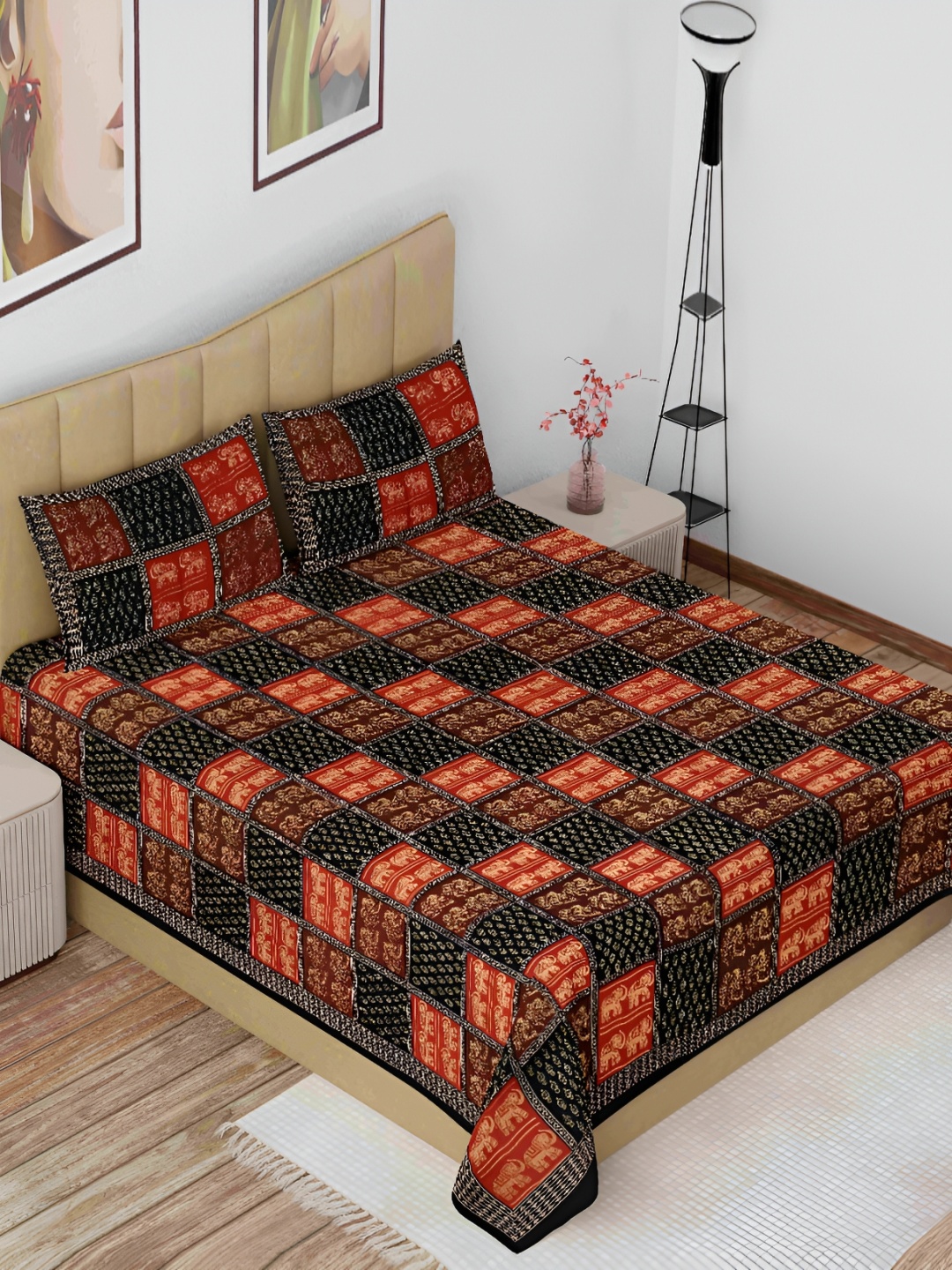 

The Craft Monk Black & Brown Ethnic Motifs Cotton144 TC King Bedsheet with 2 Pillow Covers