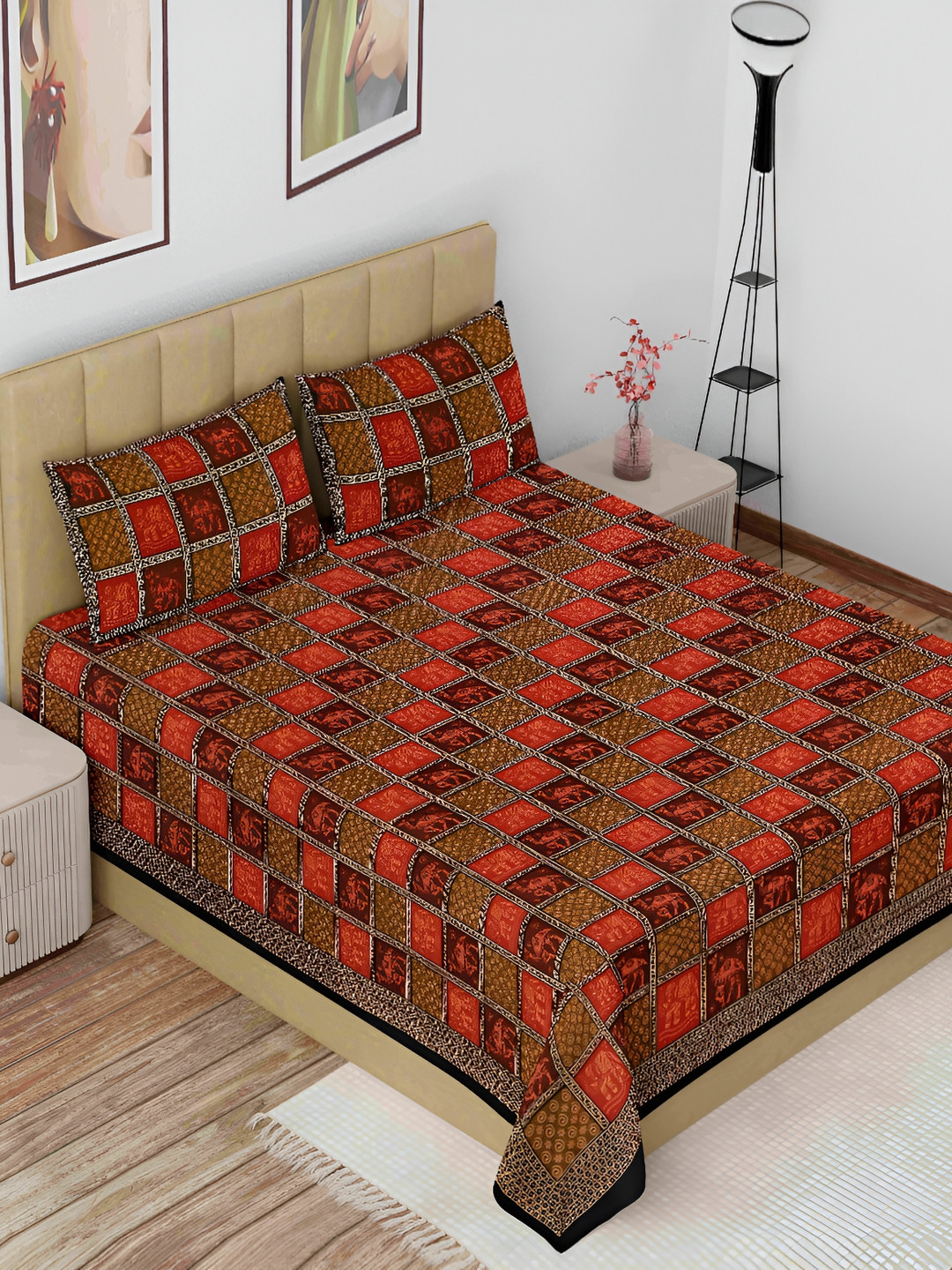 

The Craft Monk Maroon Ethnic Motifs Cotton144 TC King Bedsheet with 2 Pillow Covers