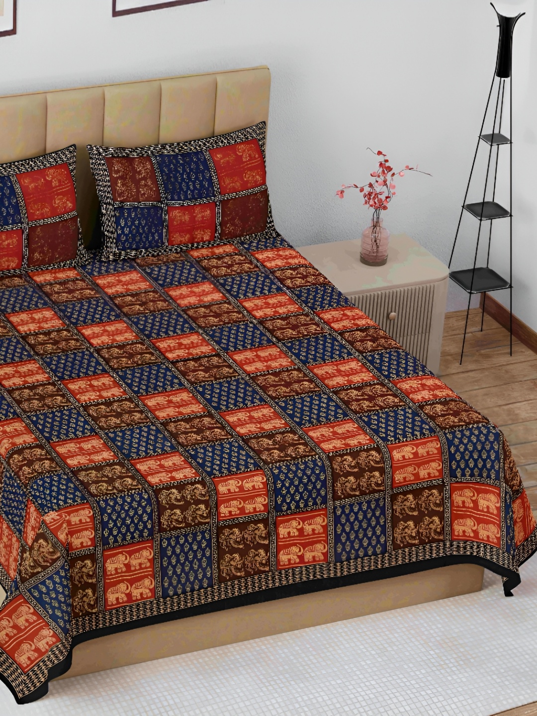 

The Craft Monk Blue & Brown Ethnic Motifs Cotton144 TC King Bedsheet with 2 Pillow Covers