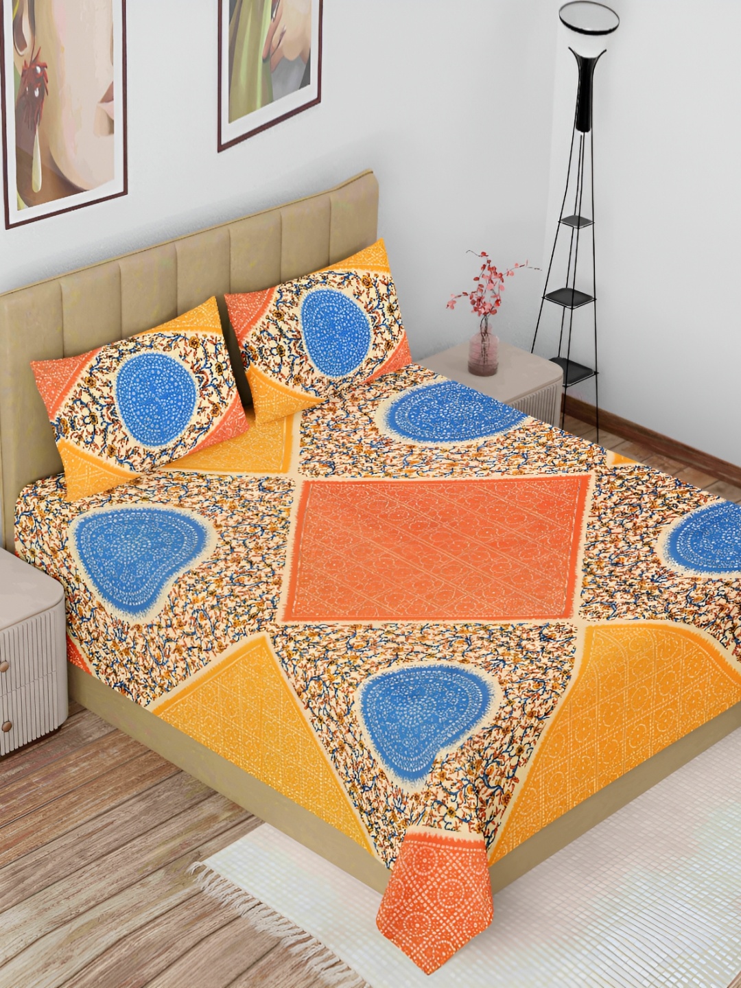 

The Craft Monk Blue & Orange Floral Cotton 144 TC King Bedsheet with 2 Pillow Covers