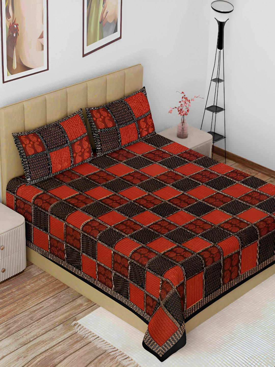 

The Craft Monk Maroon Ethnic Motifs Cotton144 TC King Bedsheet with 2 Pillow Covers