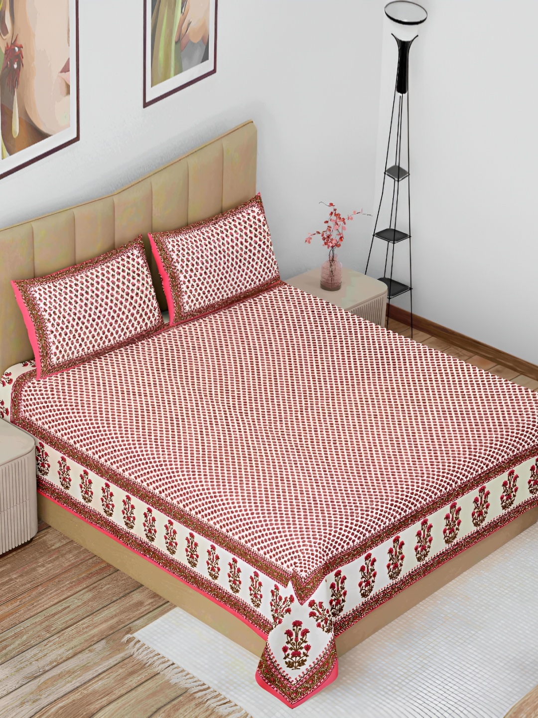 

The Craft Monk White & Pink Floral Cotton 144 TC King Bedsheet with 2 Pillow Covers