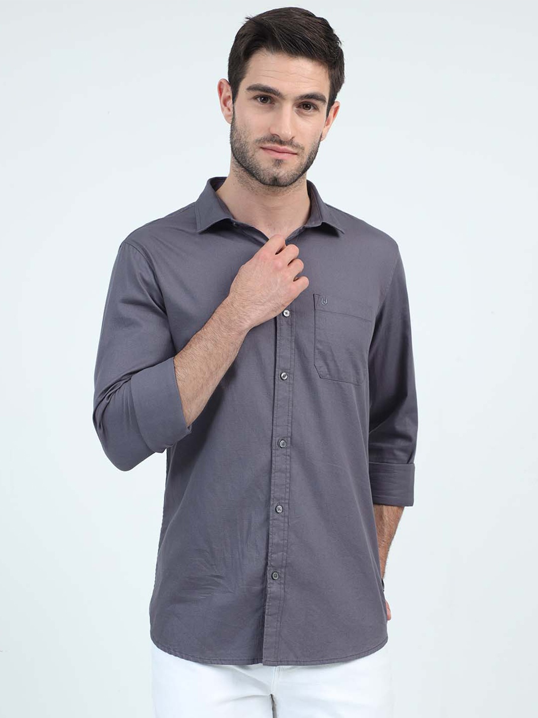 

URBARO Smart Slim Fit Spread Collar Long Sleeves Pure Cotton Casual Shirt, Grey