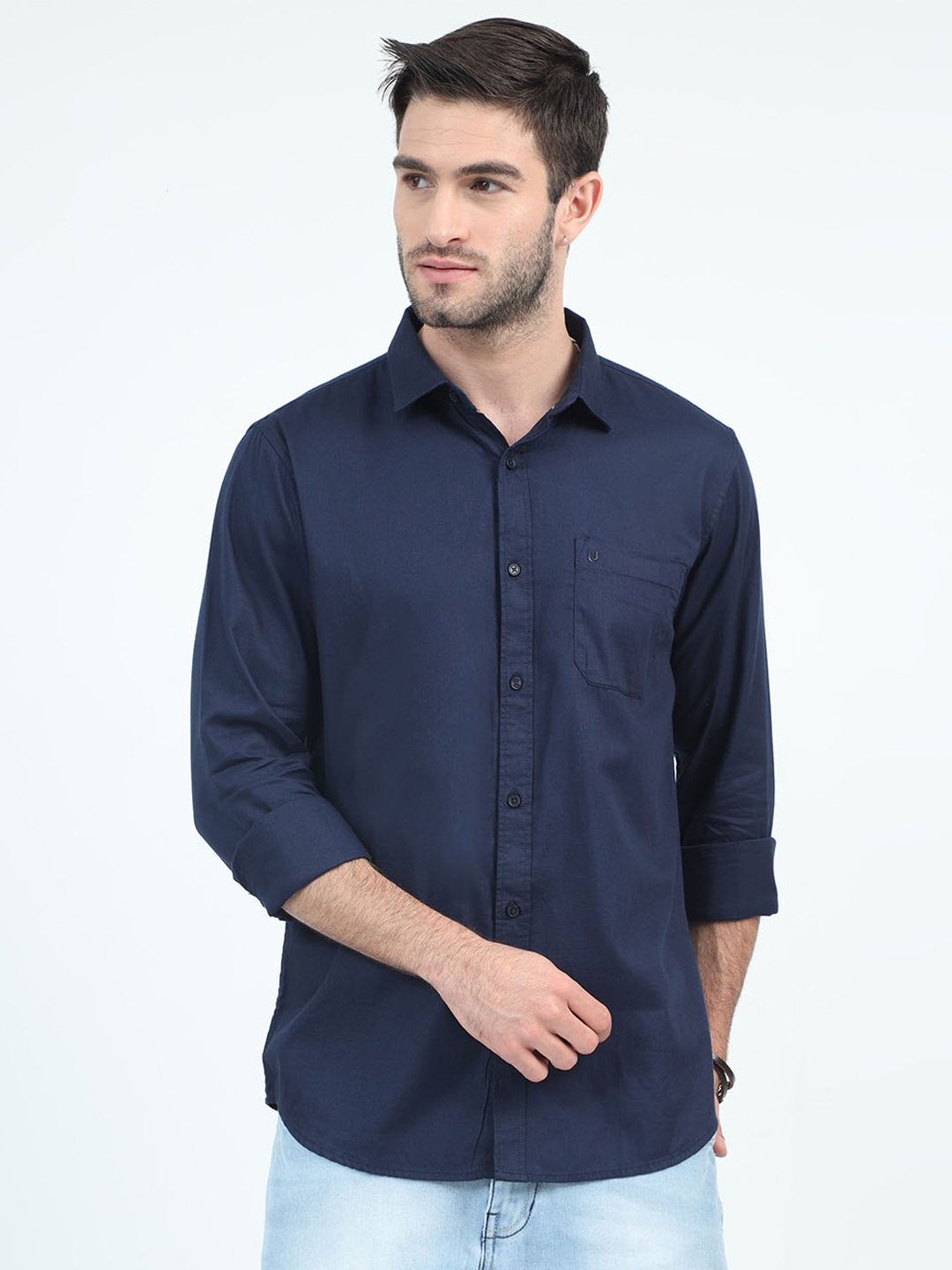 

URBARO Spread Collar Smart Slim Fit Casual Pure Cotton Shirt, Navy blue