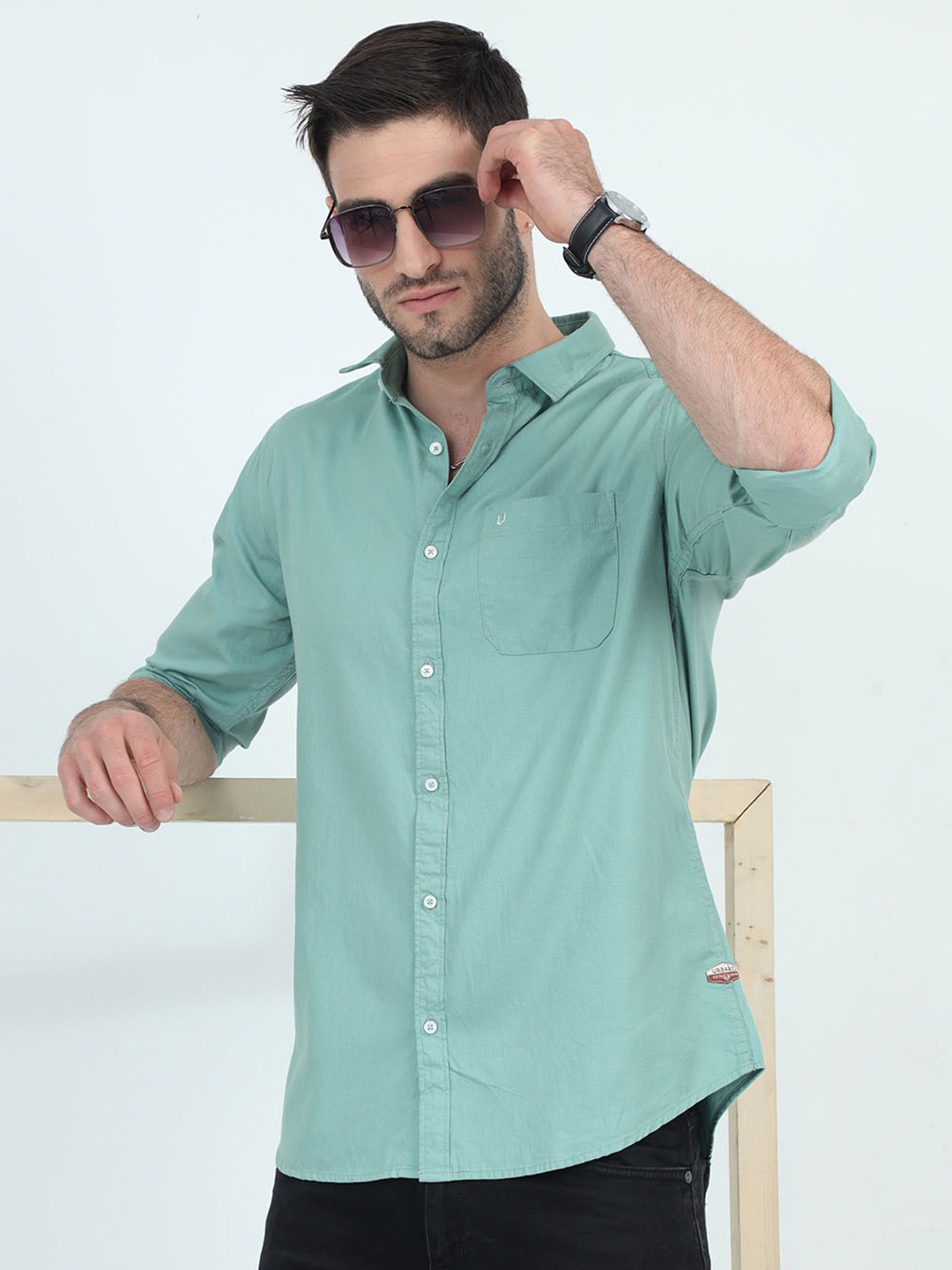 

URBARO Smart Slim Fit Spread Collar Casual Pure Cotton Shirt, Green