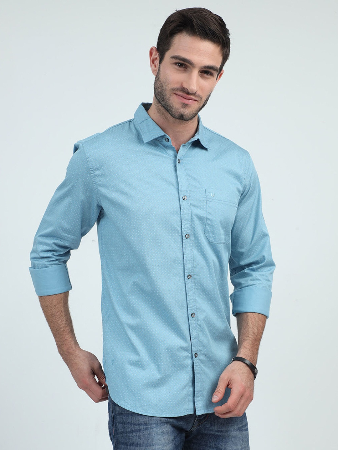 

URBARO Smart Slim Fit Micro Ditsy Printed Pure Cotton Casual Shirt, Turquoise blue