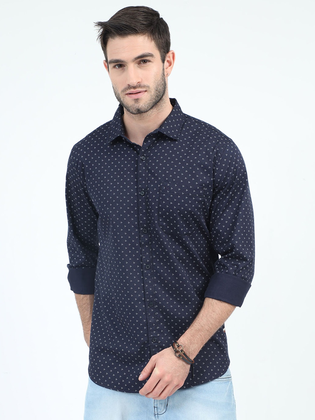 

URBARO Smart Slim Fit Micro Ditsy Printed Pure Cotton Casual Shirt, Navy blue