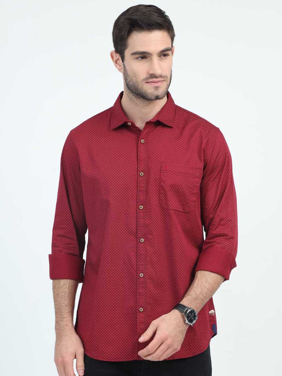 

URBARO Smart Slim Fit Polka Dots Printed Pure Cotton Casual Shirt, Red