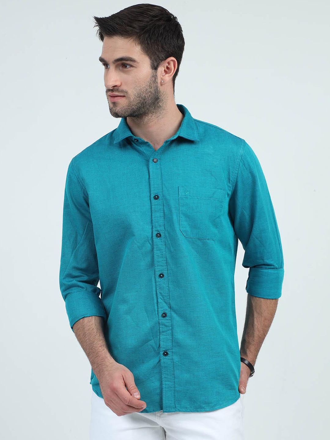 

URBARO Smart Slim Fit Pure Cotton Casual Shirt, Turquoise blue