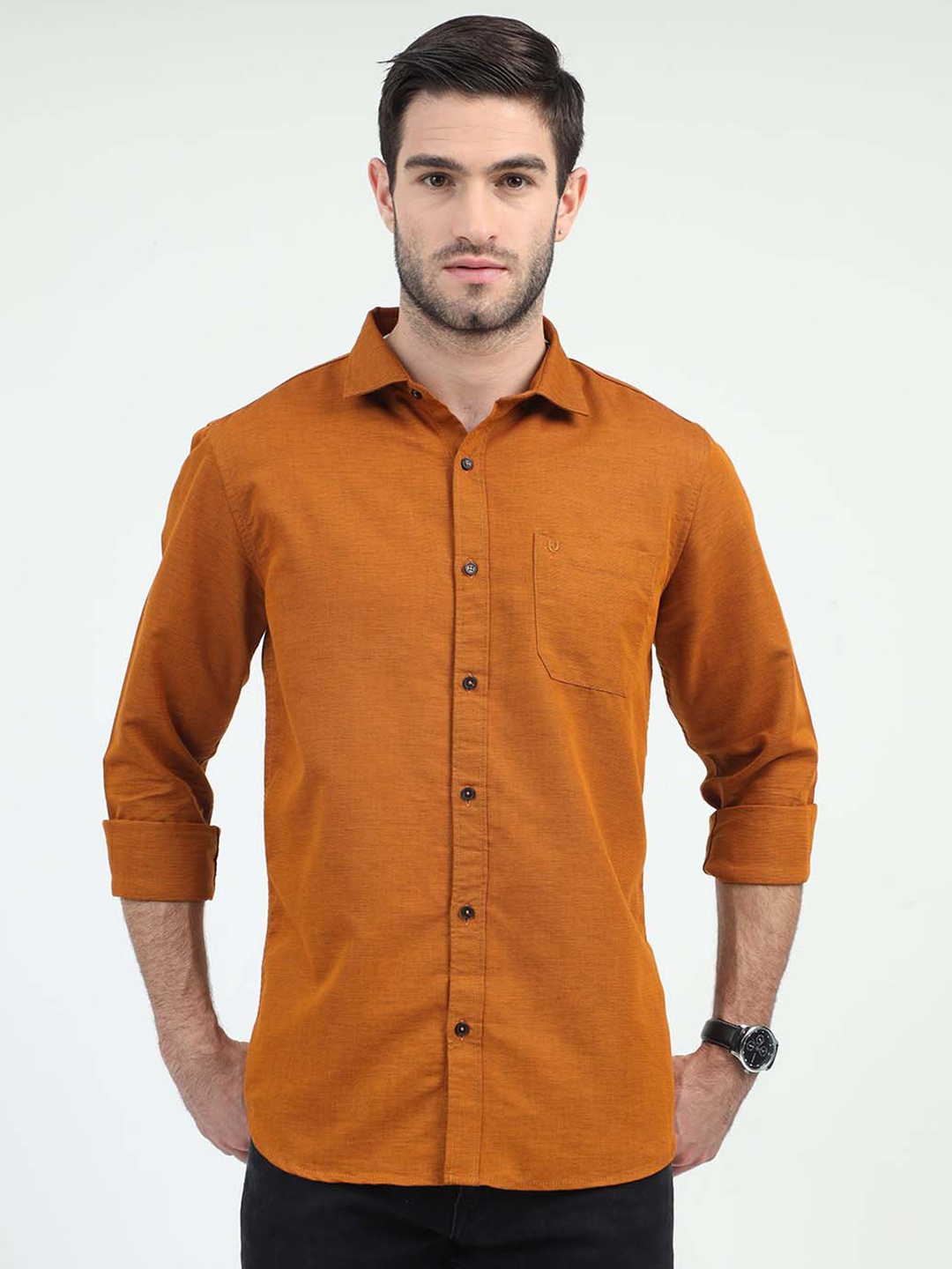 

URBARO Smart Slim Fit Spread Collar Long Sleeves Pure Cotton Casual Shirt, Orange