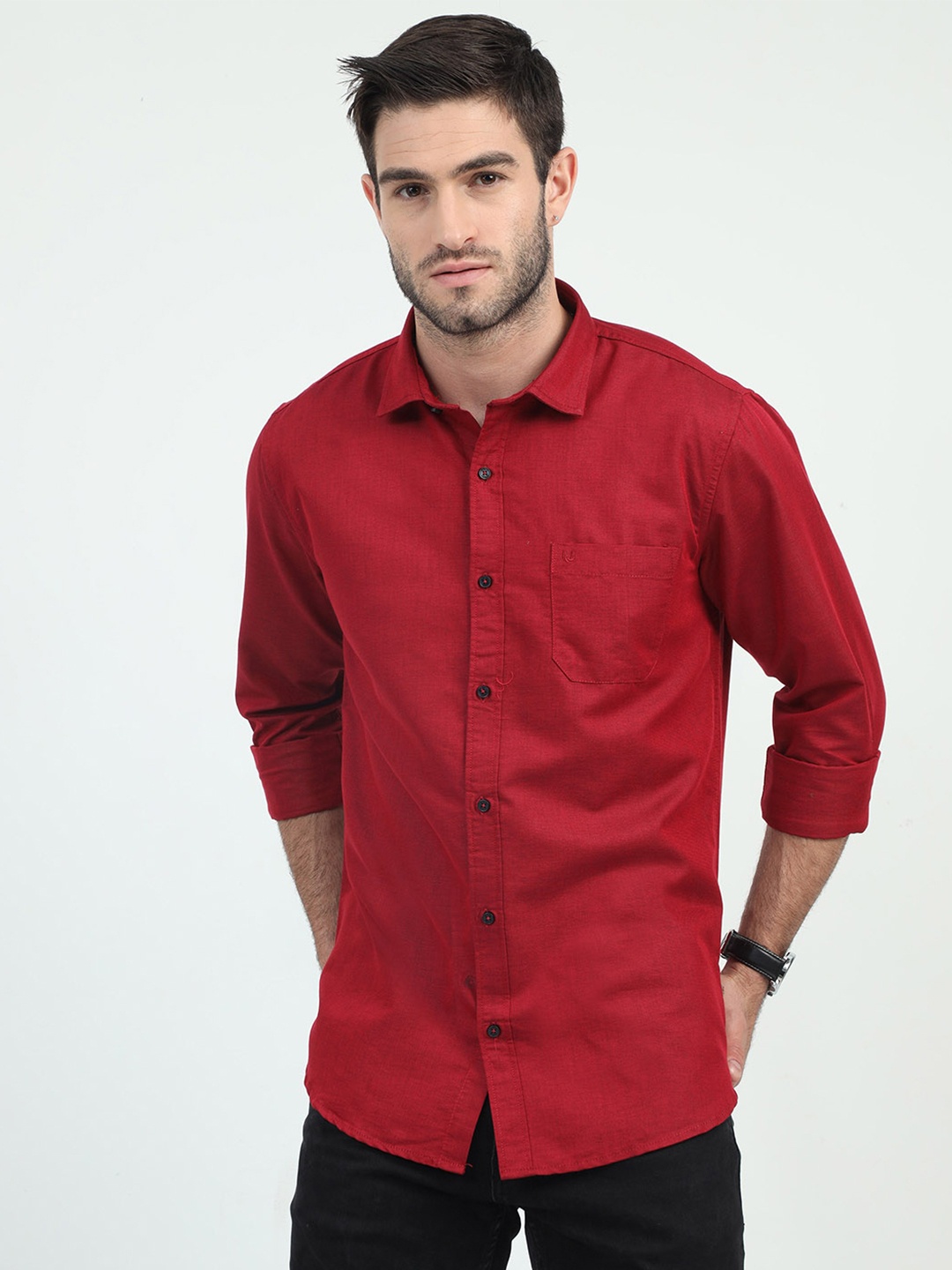 

URBARO Smart Slim Fit Pure Cotton Casual Shirt, Red