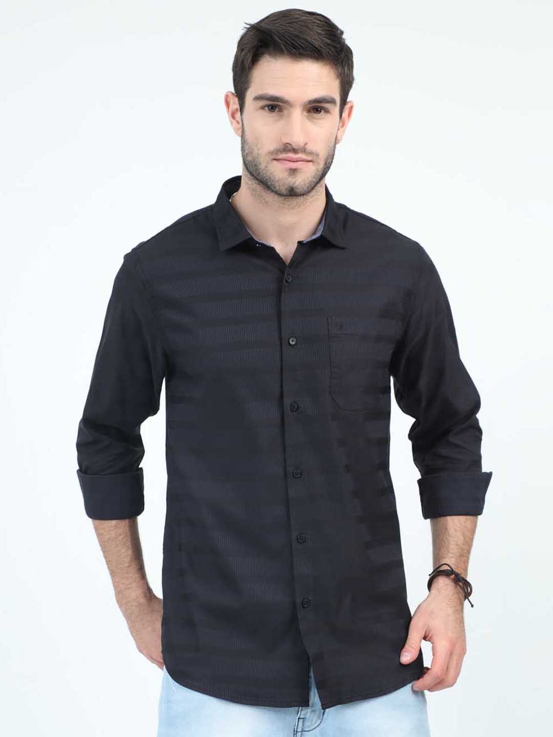 

URBARO Horizontal Stripes Smart Slim Fit Casual Shirt, Black