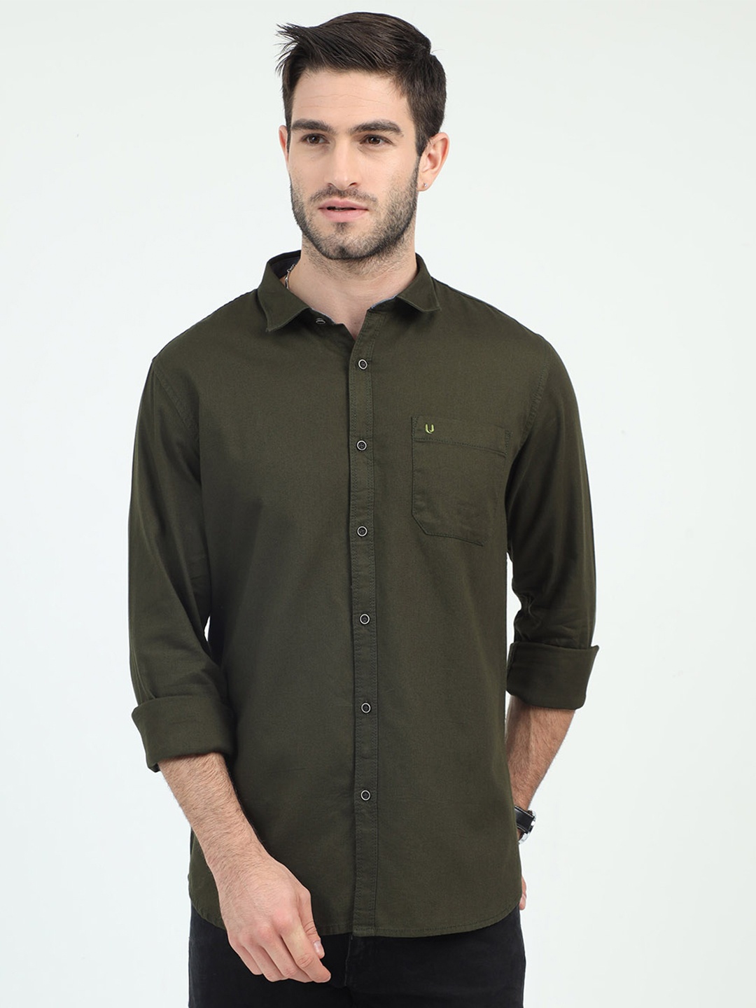 

URBARO Spread Collar Smart Slim Fit Casual Shirt, Olive