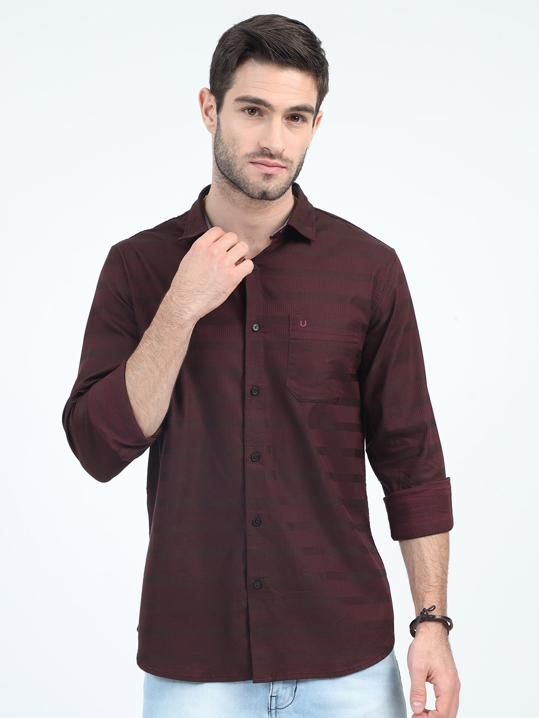 

URBARO Smart Slim Fit Striped Pure Cotton Casual Shirt, Brown