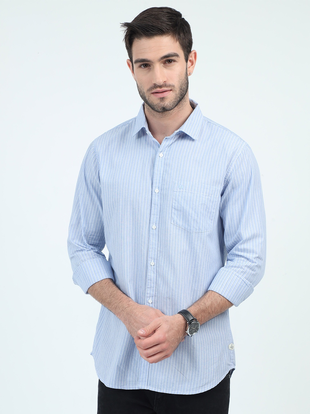 

URBARO Smart Slim Fit Striped Pure Cotton Casual Shirt, Blue