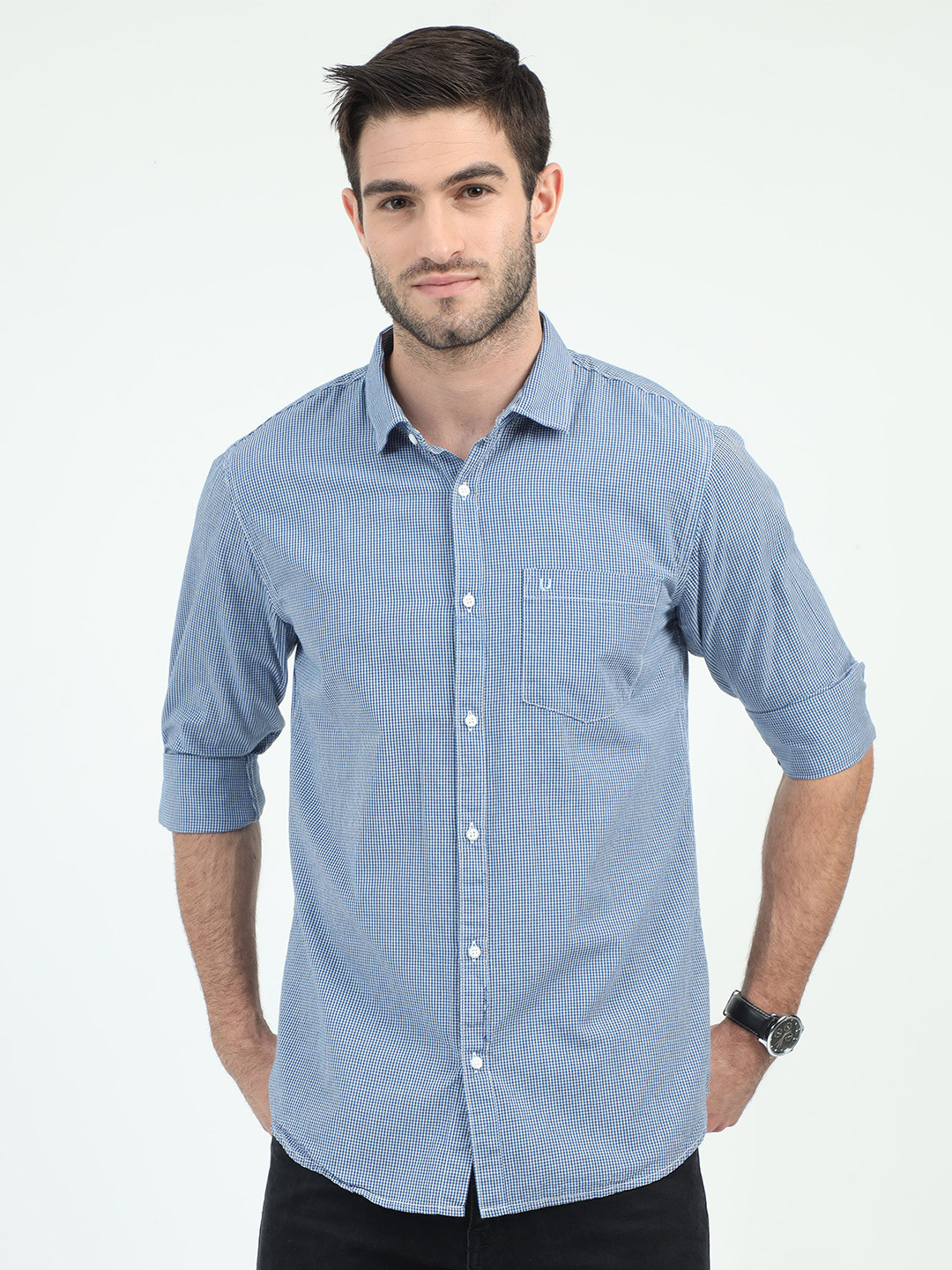 

URBARO Smart Slim Fit Micro Checked Pure Cotton Casual Shirt, Blue