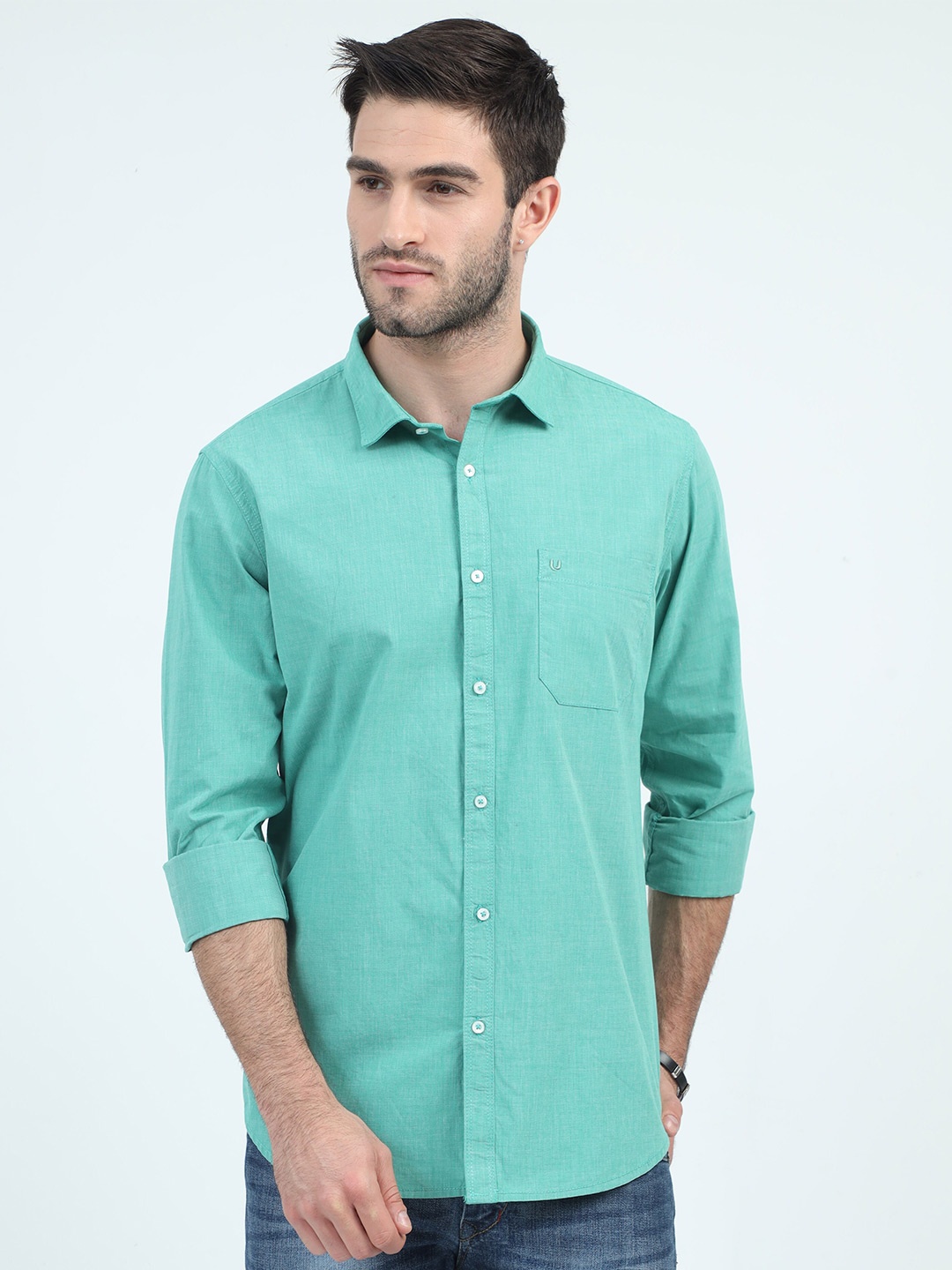 

URBARO Smart Slim Fit Spread Collar Long Sleeves Pure Cotton Casual Shirt, Green