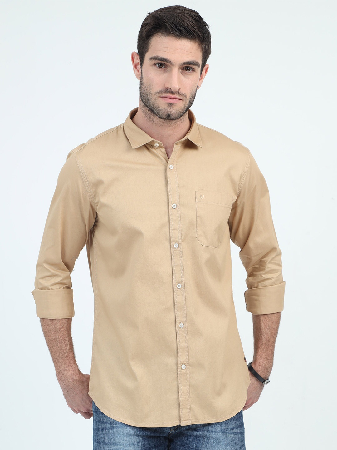 

URBARO Smart Slim Fit Pure Cotton Casual Shirt, Beige