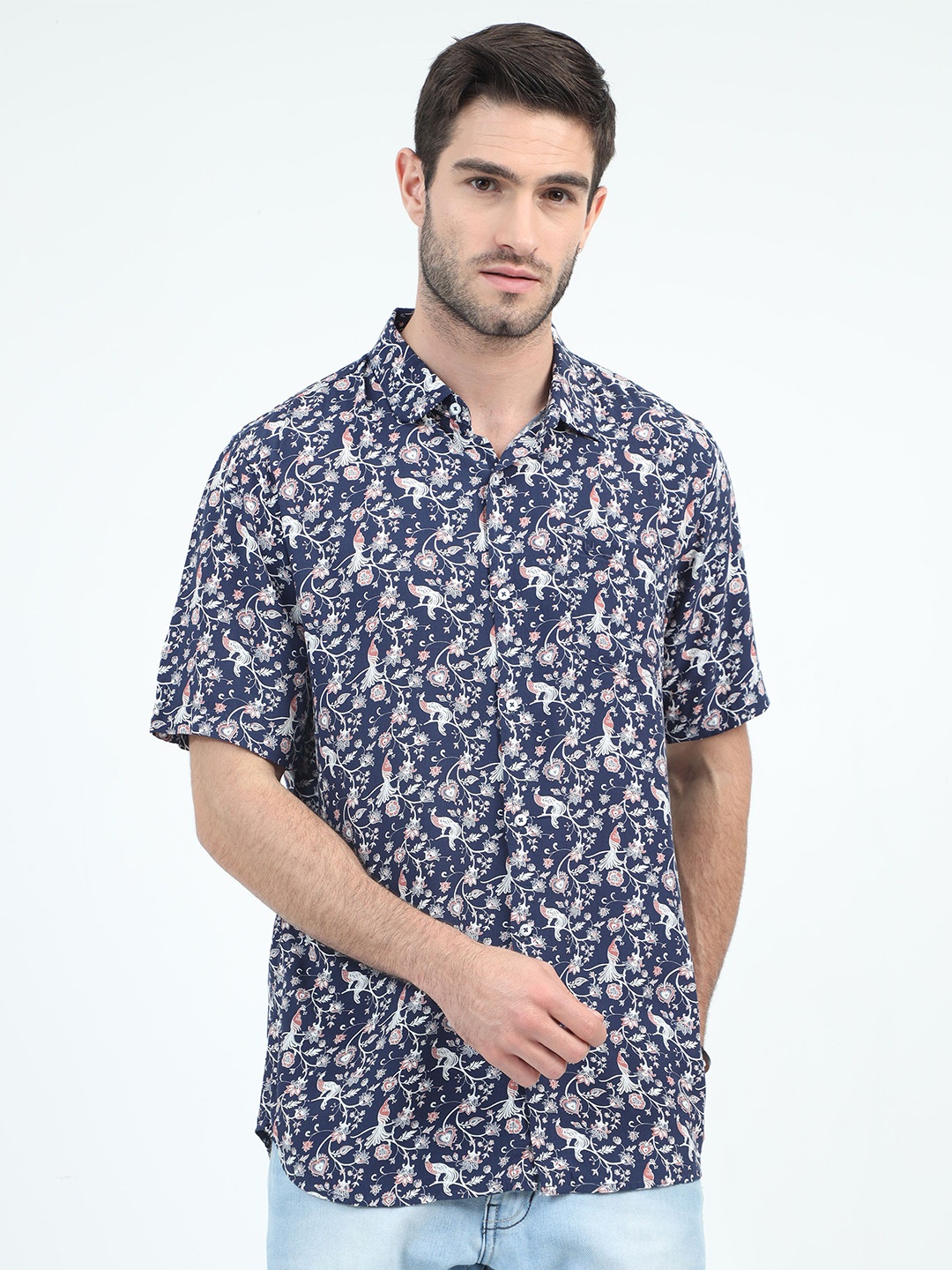 

URBARO Smart Slim Fit Floral Printed Pure Cotton Casual Shirt, Navy blue