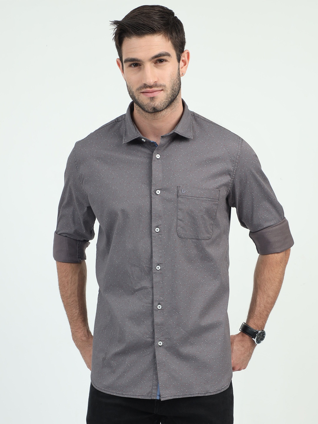 

URBARO Smart Slim Fit Micro Ditsy Pure Cotton Casual Shirt, Grey