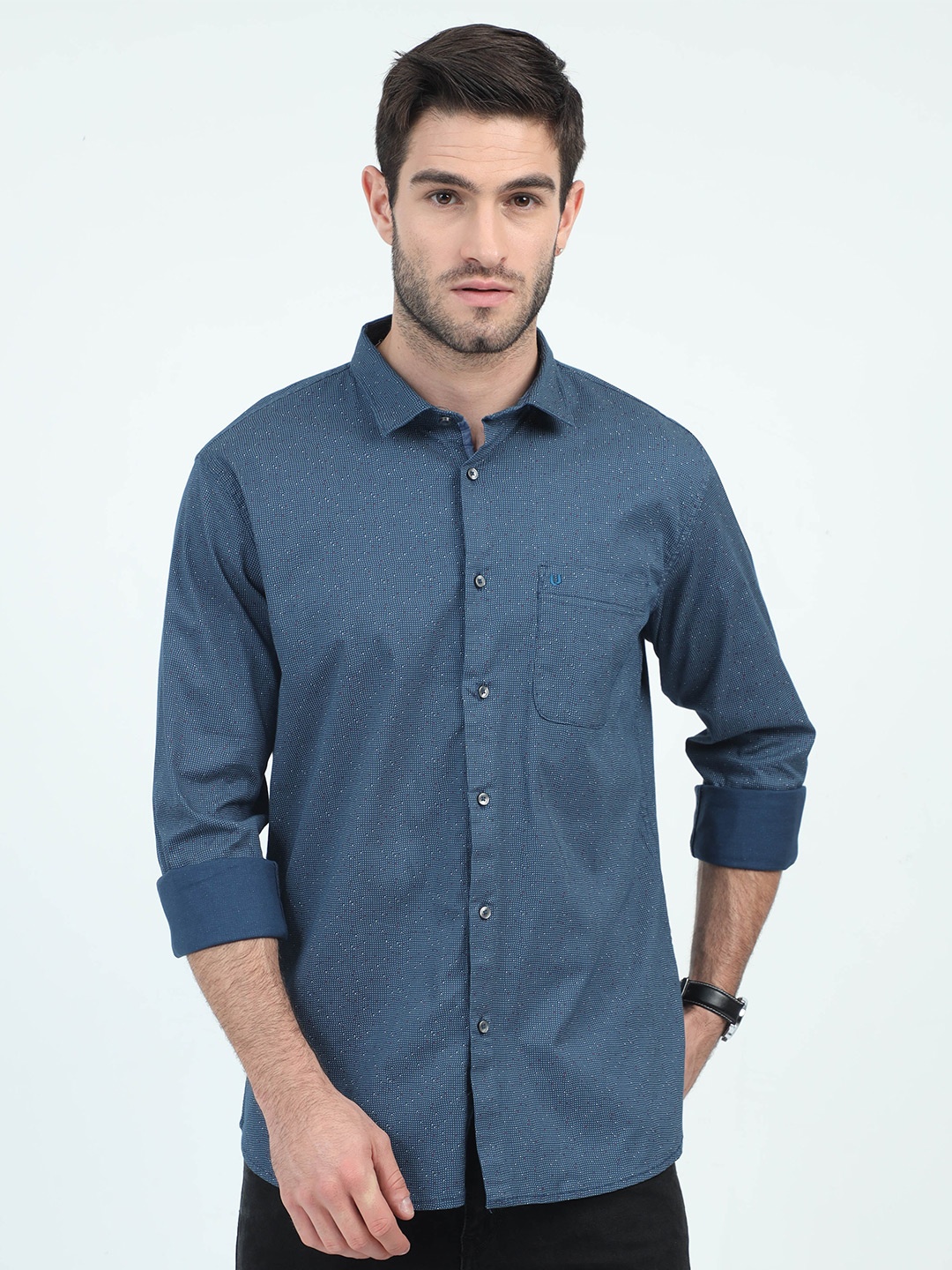 

URBARO Smart Slim Fit Geometric Printed Pure Cotton Casual Shirt, Navy blue
