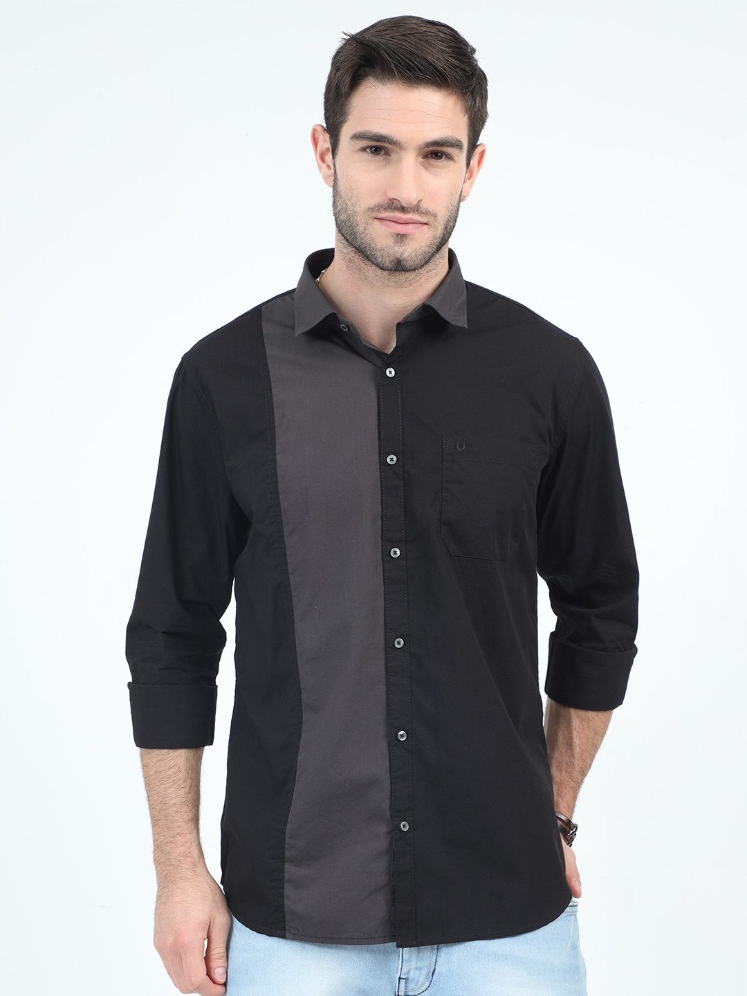 

URBARO Smart Slim Fit Colourblocked Pure Cotton Casual Shirt, Black
