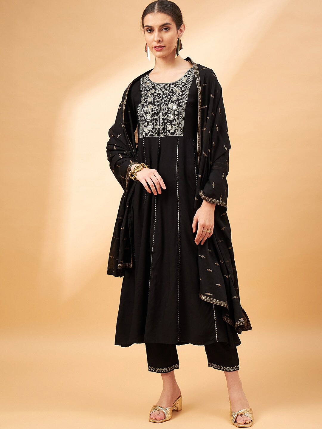 

all about you Embroidered Gotta Patti Sequined Anarkali Kurta with Trousers & Dupatta, Black
