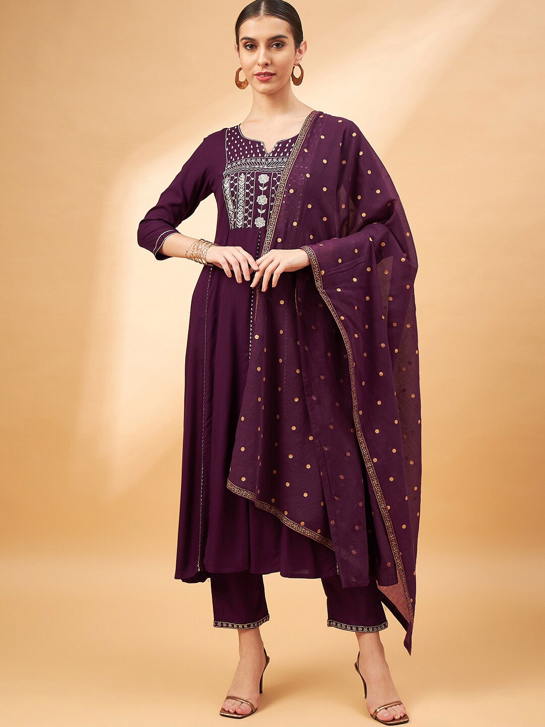 

all about you Purple Ethnic Motifs Embroidered Anarkali Kurta & Trouser With Dupatta