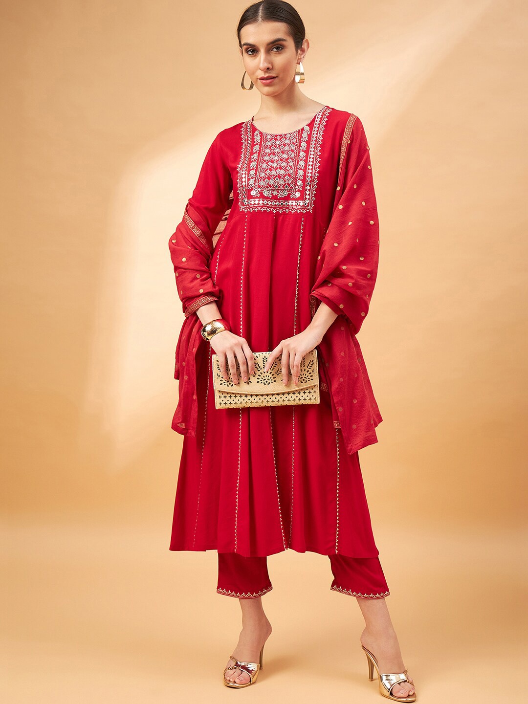 

all about you Red Ethnic Motifs Embroidered Anarkali Kurta & Trouser With Dupatta