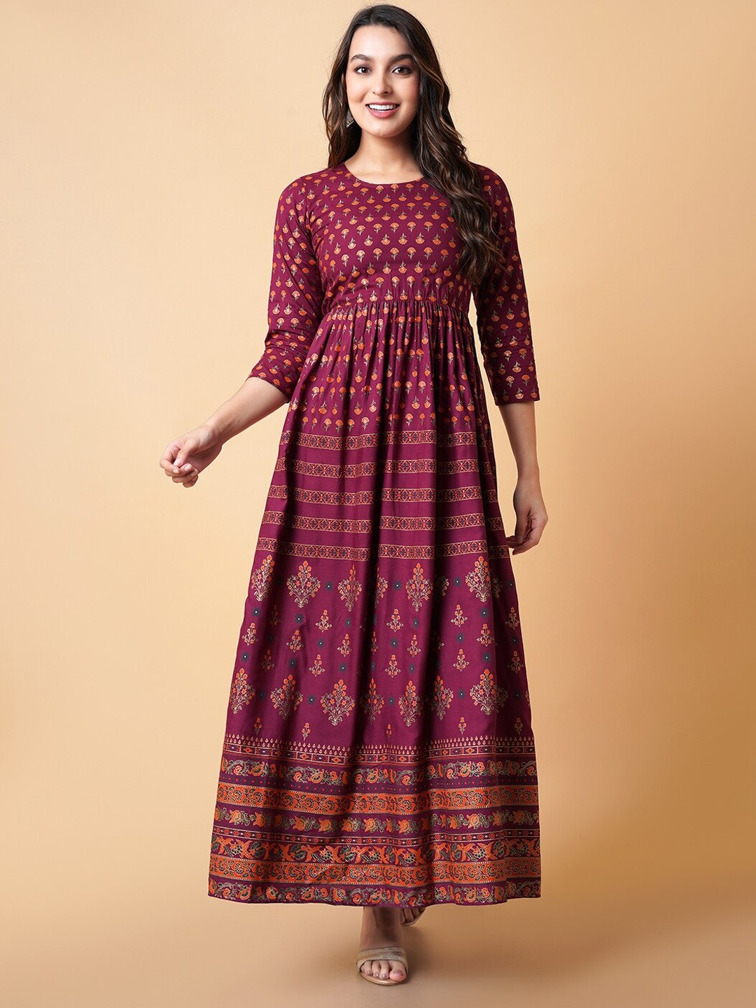 

KALINI Printed A-line Maxi Ethnic Dress, Maroon